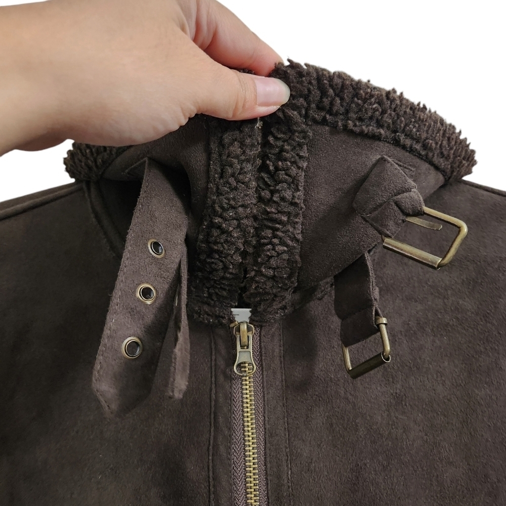 Gerard Darel Jacket Medium Brown Faux Leather Fur Lined Full Zip Pocket Size 42 - Picture 3 of 12